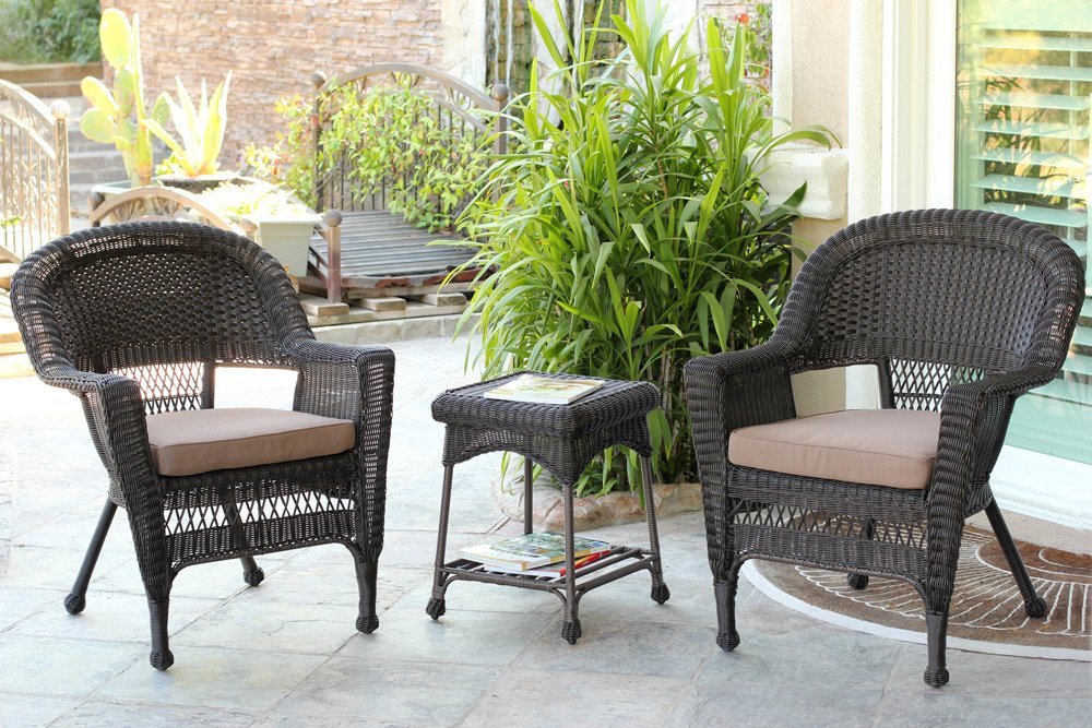 Espresso Wicker Chair And End Table Set With Brown Chair Cushion Patio