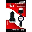 CARGADOR con CABLE RETRACTIL de COCHE para iPod / iPhone / iPad, con DOBLE ENTRADA de USB, MARCA ZIPKORD, MODELO PDC2A2IP