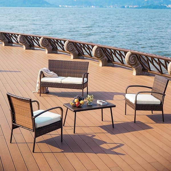 Pamapic Outdoor Patio Furniture 4 Pieces Embossing Pe Rattan Wicker Sofa And Chairs Set Brown Color