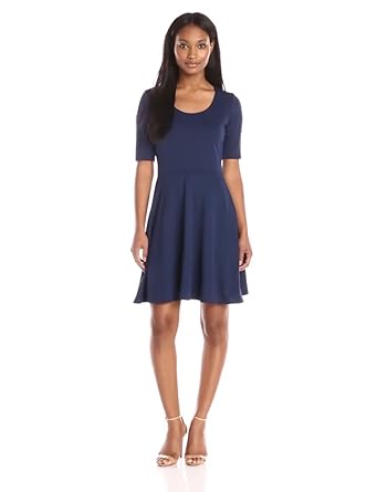 Allison Brittney Women's Elbow Sleeve Scoop Neck Fit and Flare Dress, Navy, Large