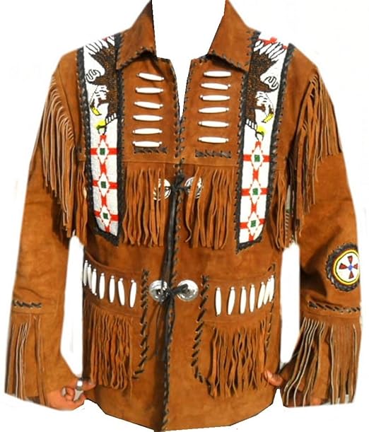 Celebrita X Style Men's Cowboy Leather Jacket fringed and beaded and Beads Suede Brown 2XL - For Chest 46"-48"