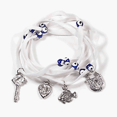 White Suede Kabbalah String Bracelet with Lucky Eyes and Lucky Charms