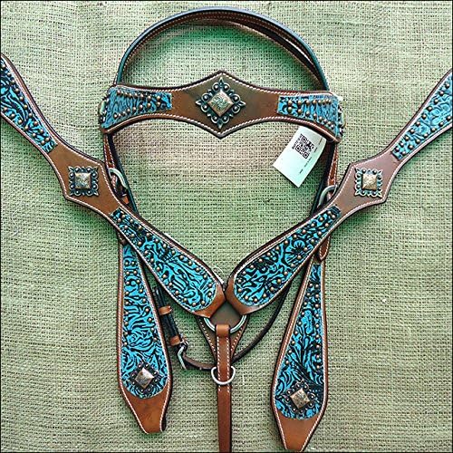 Western Leather Horse Headstall Bridle Breast Collar Turquoise Floral Antique