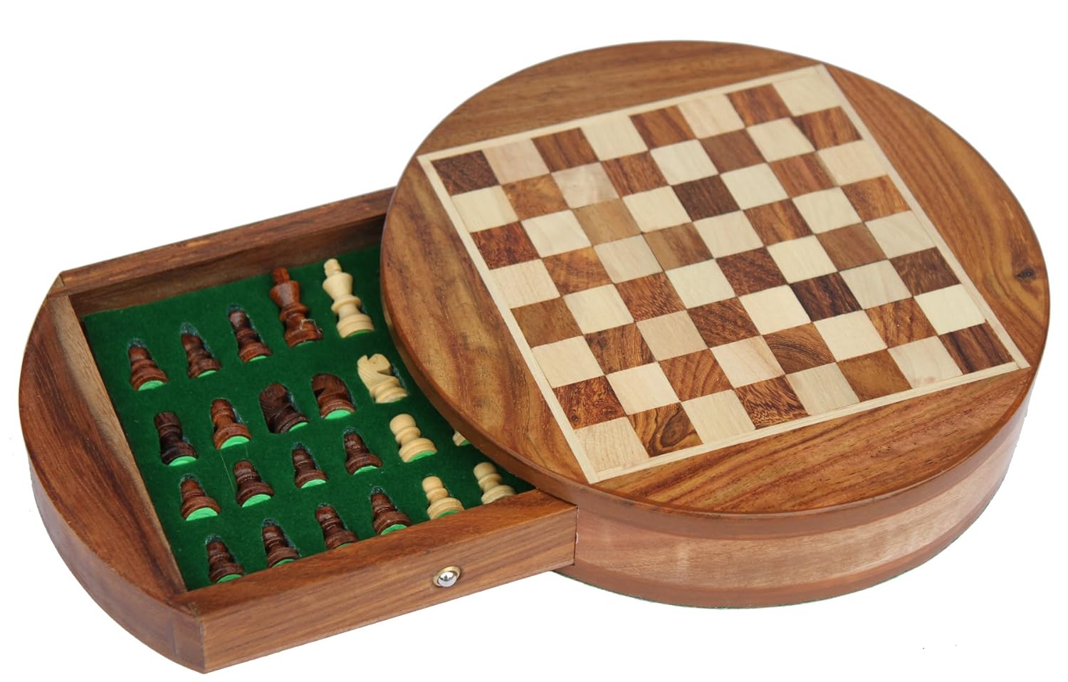 SouvNear 7" Inch Round Wooden Mini Travel Chess Set Game