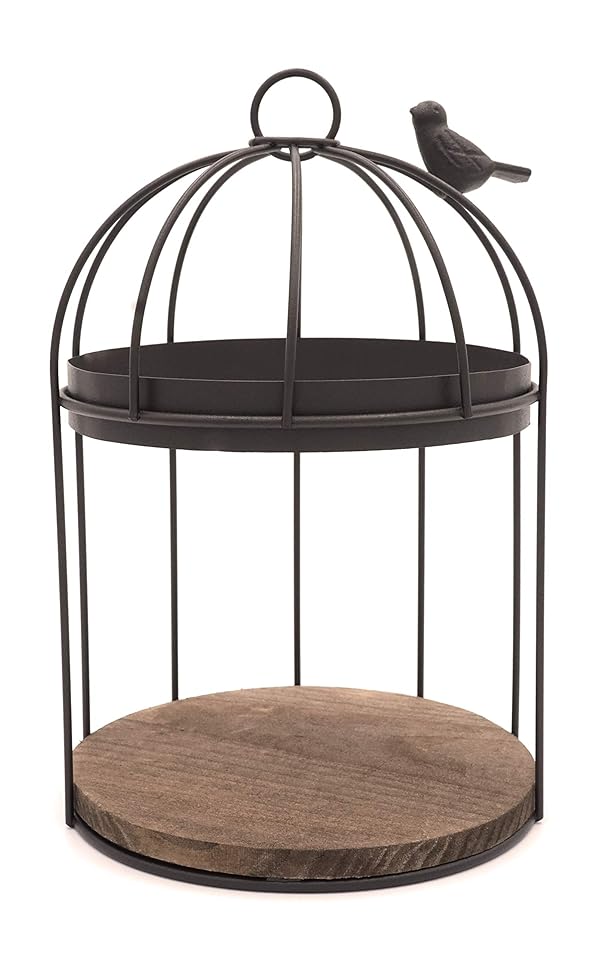 Birdcage Style Brown Metal Hanging Planter Display Rack With Wood