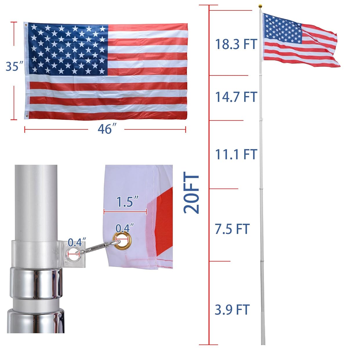 Voilamart 20ft Flagpole Telescopic 5 Sectional Fly 2 Flags, Outdoor