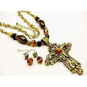 X-Large, Chunky and Long Filigree and Beaded Amber Crystal Cross Charm Necklace and Earrings Set...