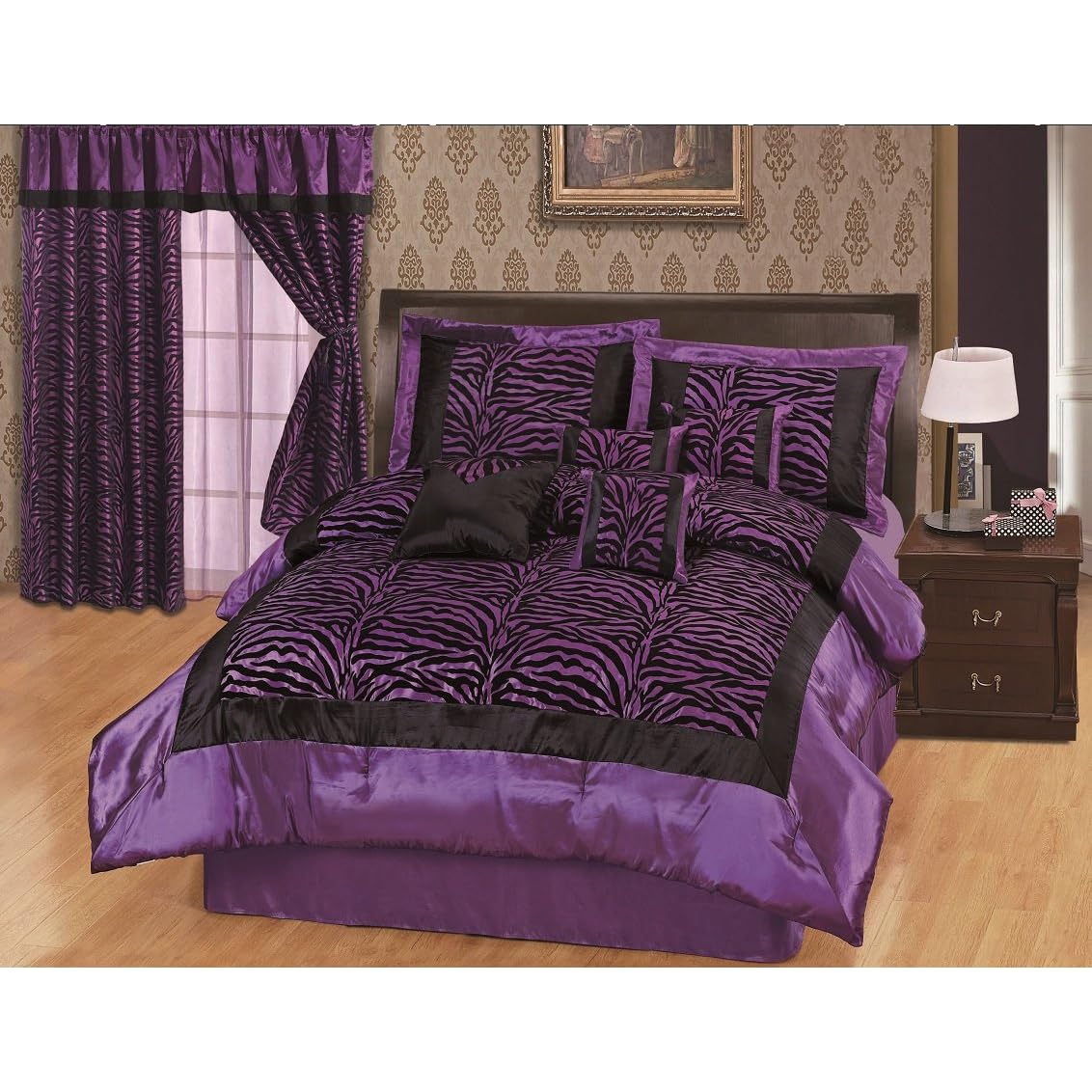 8pcs Purple Black Satin Zebra Flocking Comforter Set Full Size with 4 Pillows