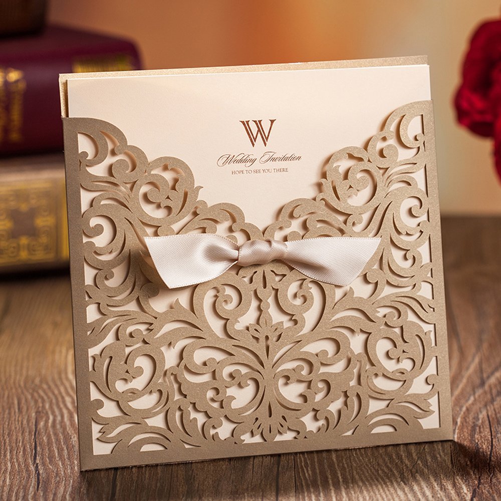 Wishmade 50x Gold Square Laser Cut Tri-fold Wedding Invitations Cards