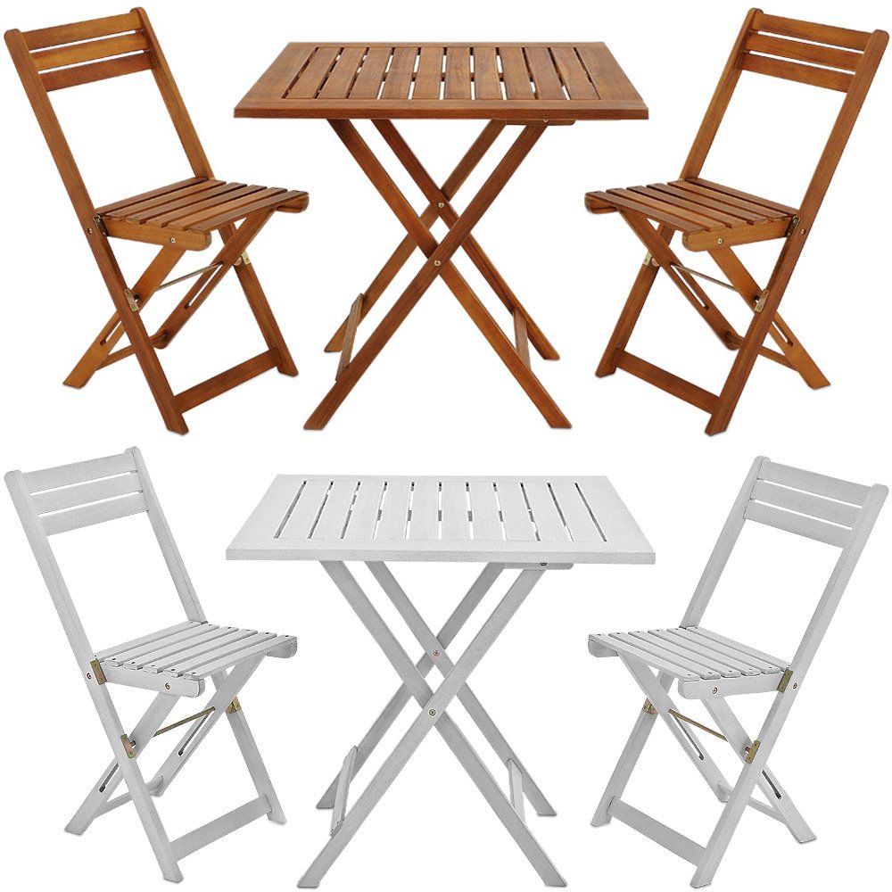 Balkonset Akazie Weiß 2 Stühle 1 Tisch klappbar - Bistroset Gartenmöbel