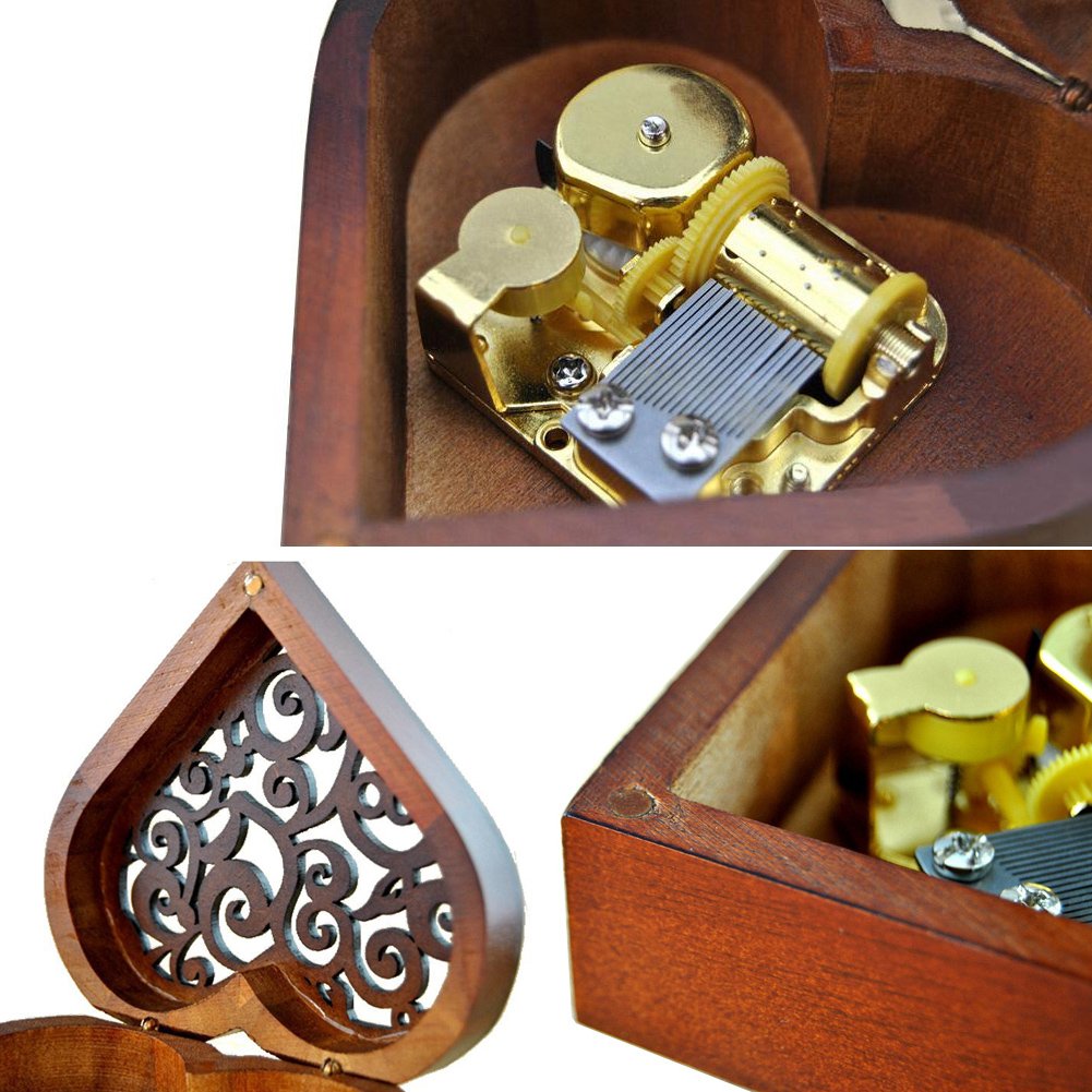 Heart Shape Vintage Wood Carved Mechanism Musical Box Wind Up Music Box Gift For Christmas