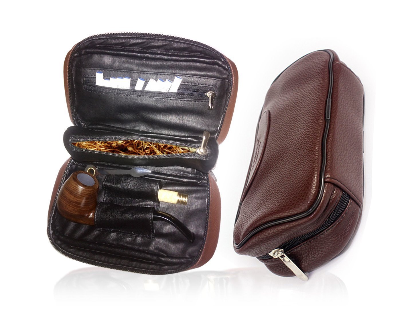 Ylyycc leather pipe tobacco pouch case with 2 pipe holder pocket brown
