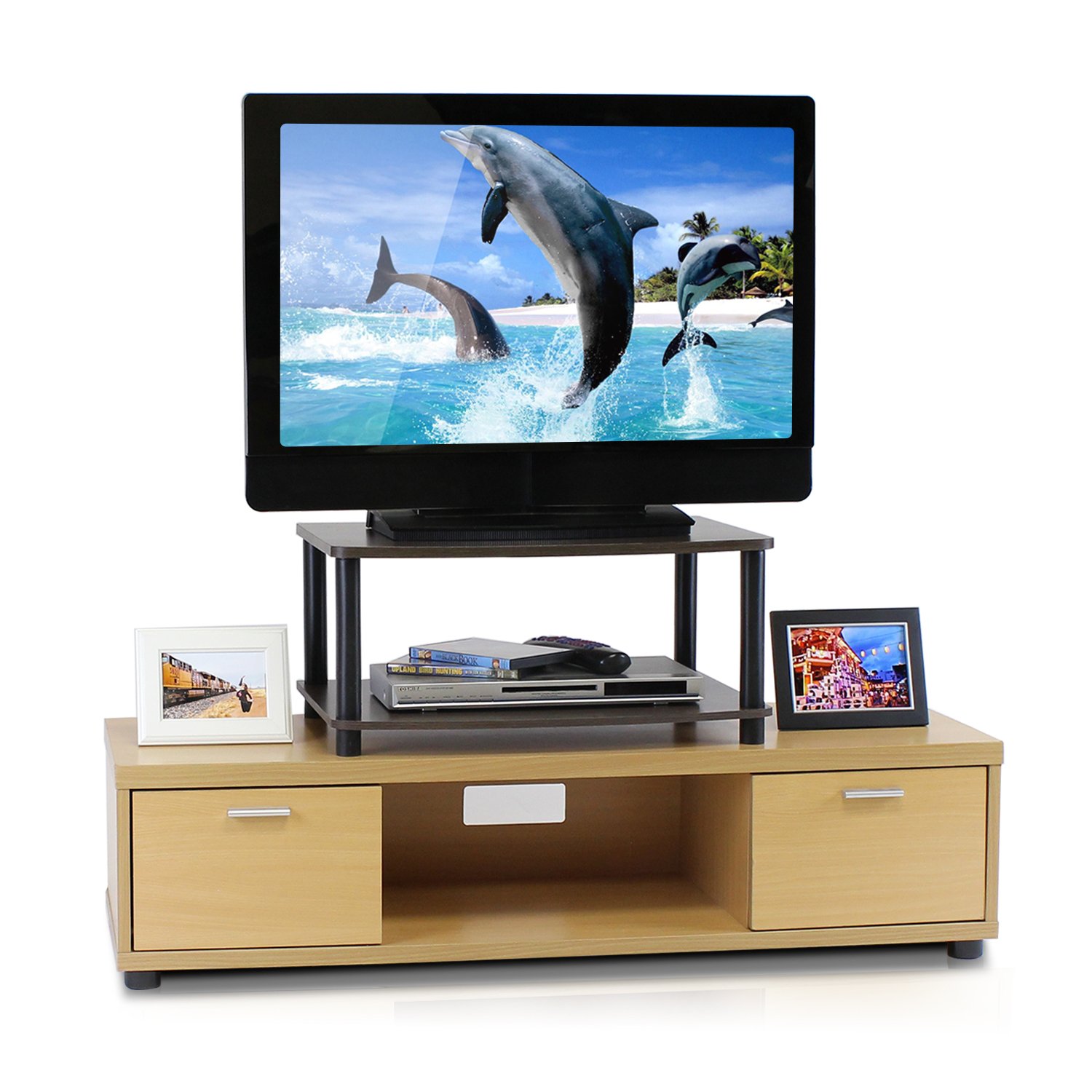 FURINNO TurnNTube No Tools 2Tier Elevated TV Stand, Dark Brown/Black