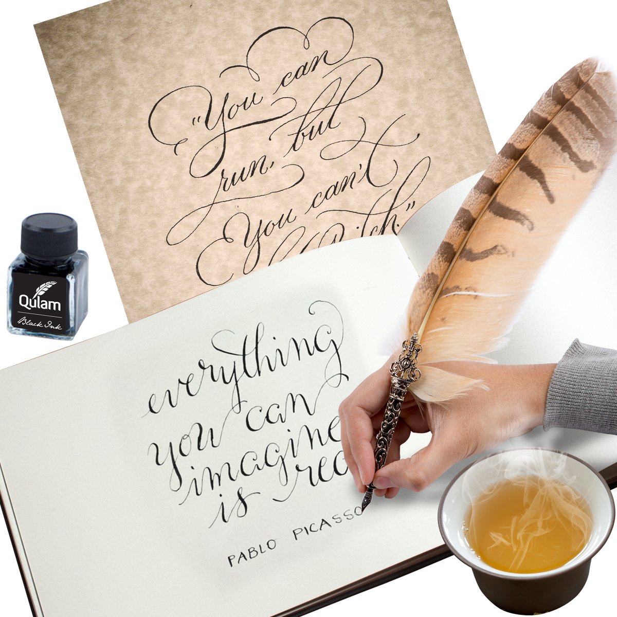 Qulam Quill Set, 5 Metal Nibs and Ink Bottle