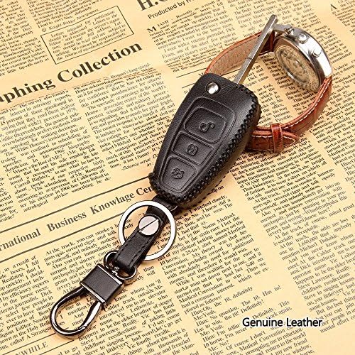 Yirui Auto Accessories New Genuine Leather Car Remote Key Case Cover Holder Bag Key Fob Skin Covers Fit for Ford Focus Escape 2012-2016 Black