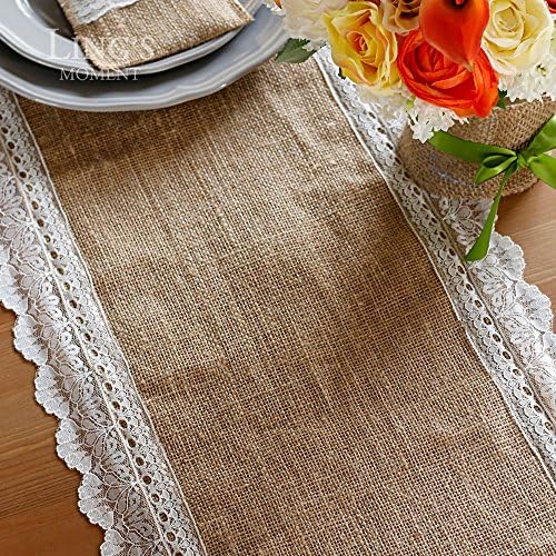 CYNDIE decoration 14"x108" Burlap Lace Hessian Table Runner Jute Scallop Edge Barn Wedding Decor 1pc