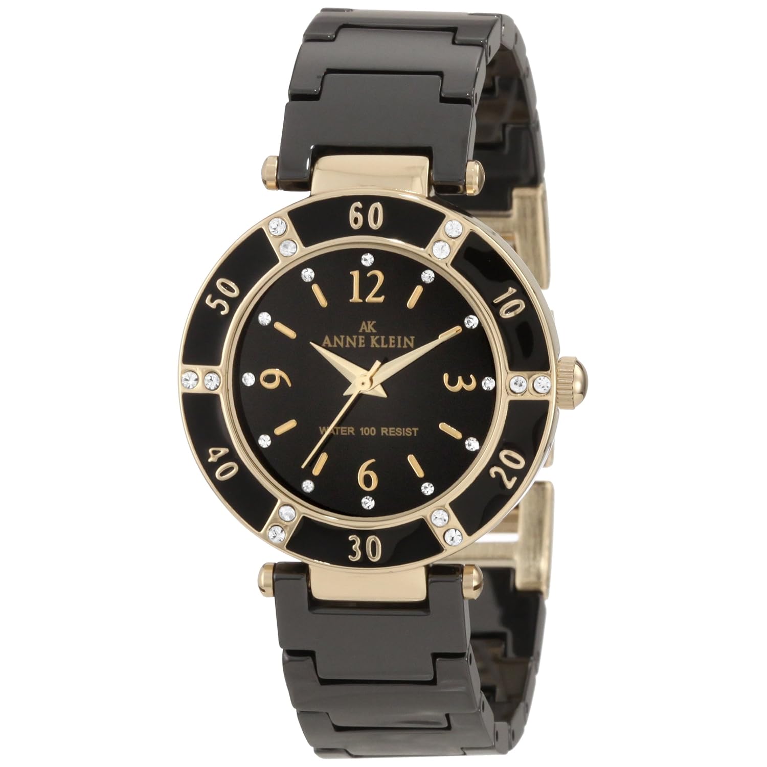 AK Anne Klein Women's 109416BKBK Swarovski Crystal Accented Gold-Tone Black Ceramic Watch