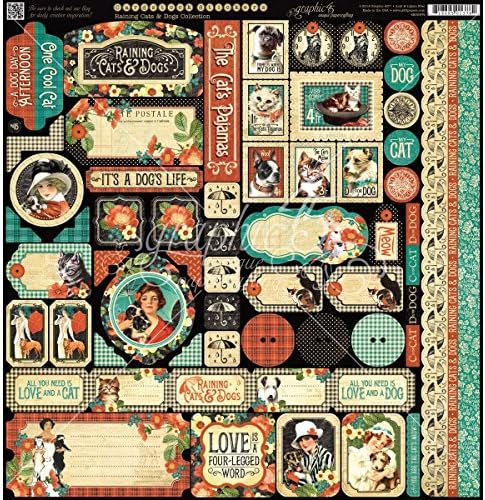 Graphic 45 Raining Cats and Dogs Cardstock Stickers, 12-Inch by 12-Inch