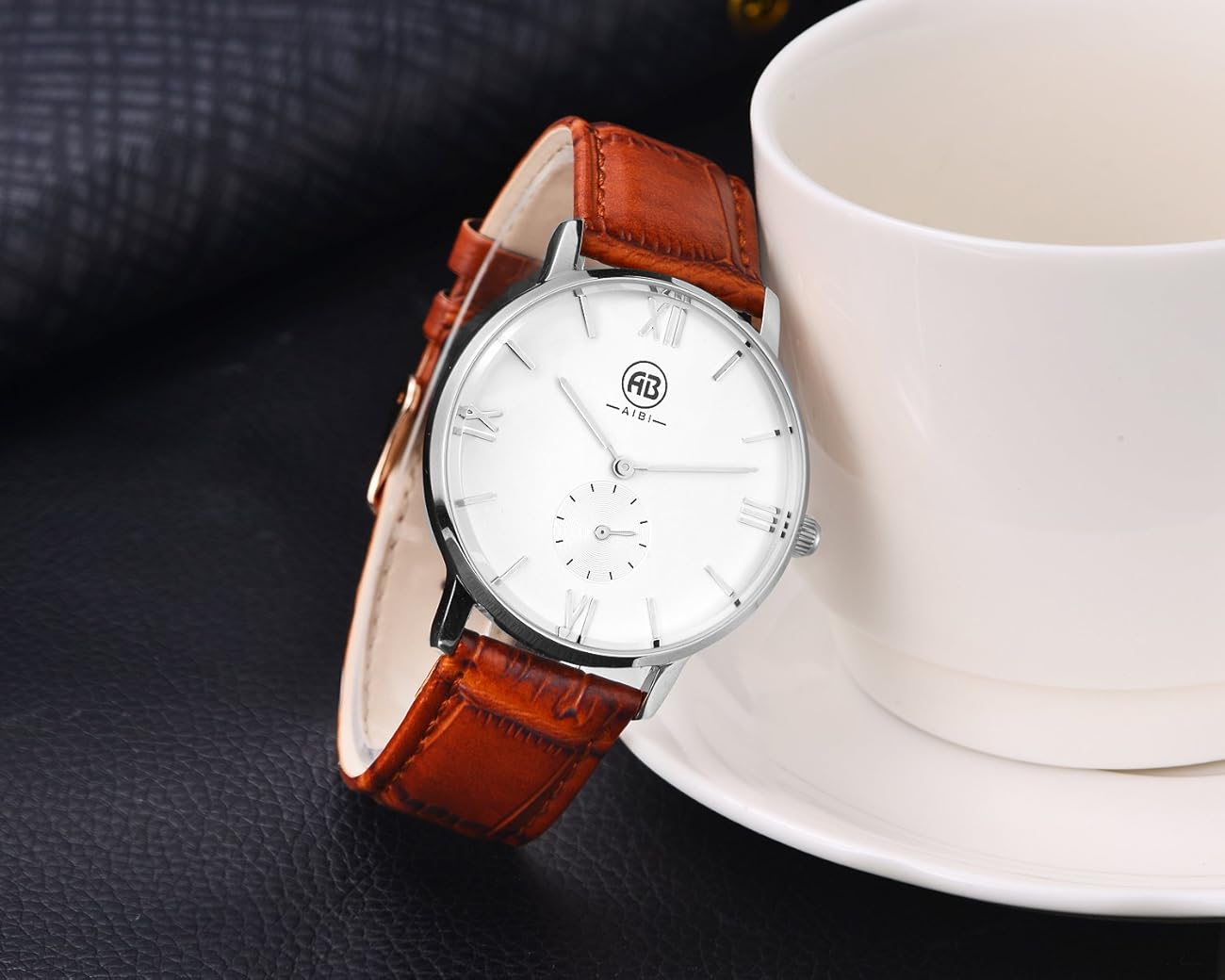 AIBI Men`s Silver Tone White Large Face Quartz Analog Brown Leather Watch with Small Second Dial 3