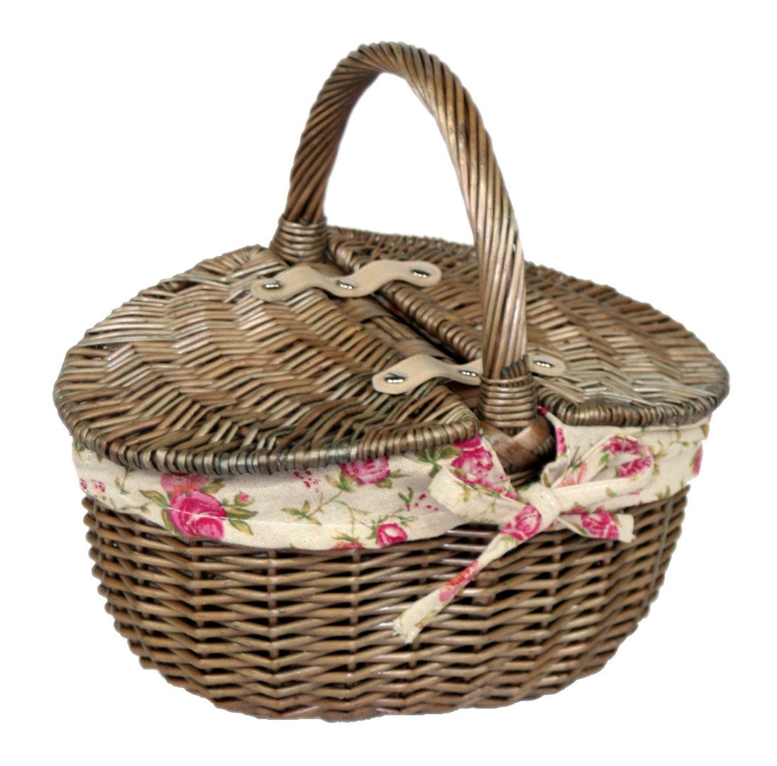 Small Antique Wash Willow Wicker Oval Picnic Basket with Garden Rose Lining New 2016 by Willow