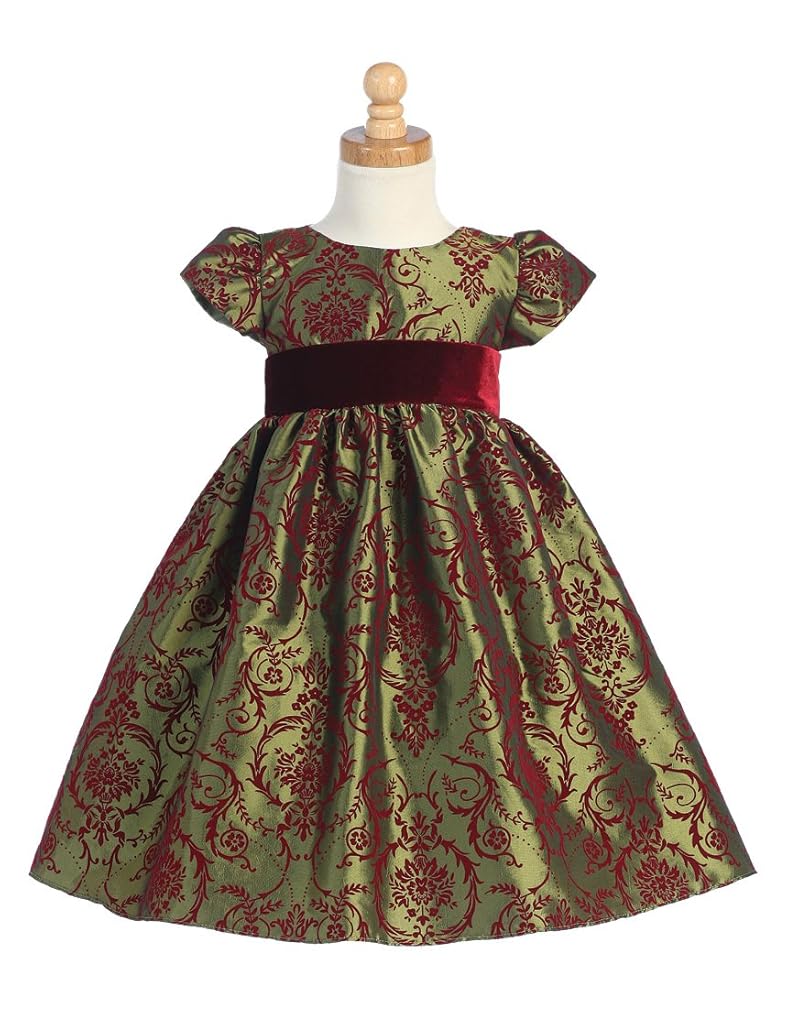 Flocked Taffeta Holiday Dress with Contrasting Velvet Waistband Flocked Taffeta Holiday Dress with Contrasting Velvet Waistband