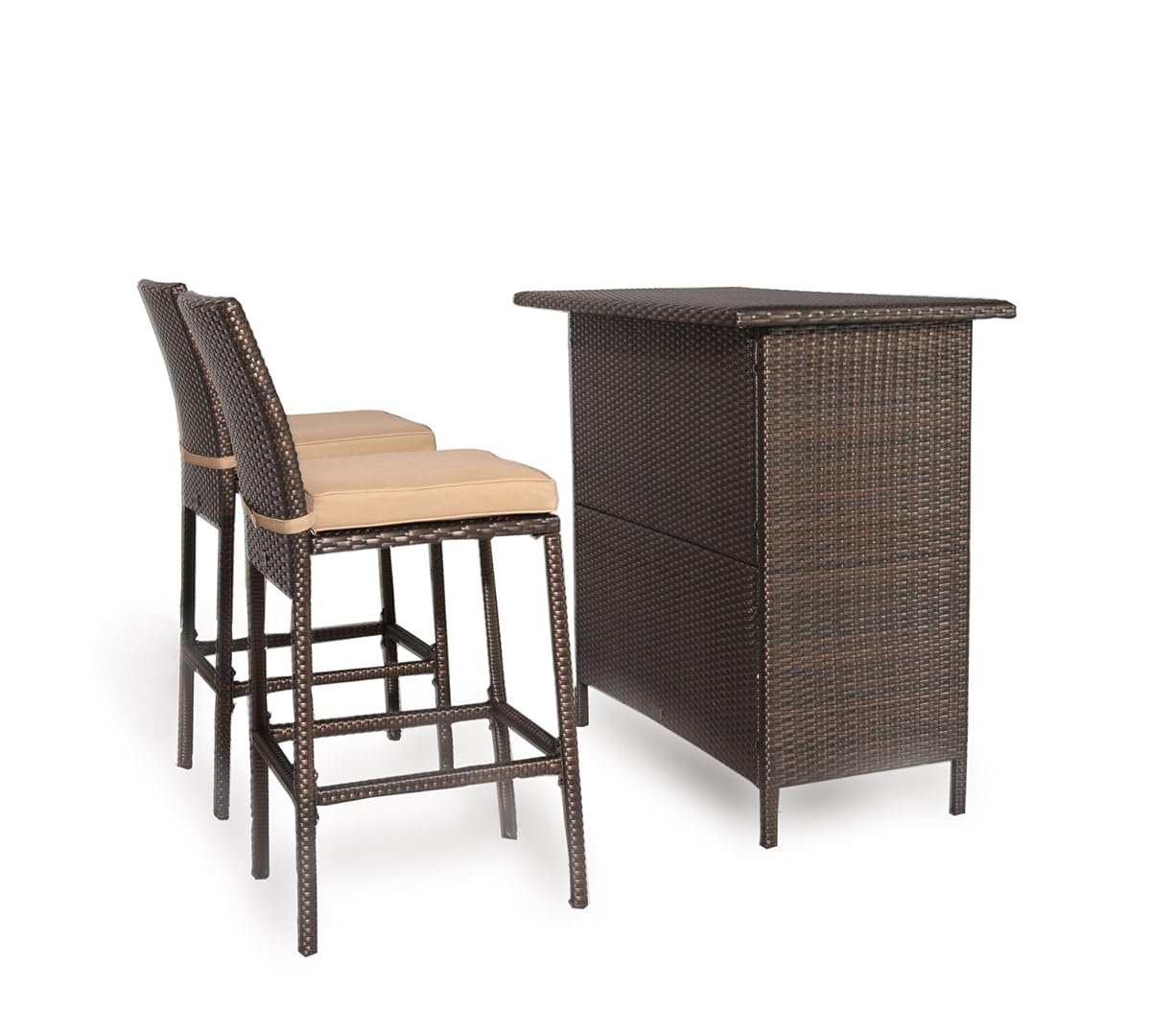 Ulax Furniture 3Pcs Patio Outdoor Wicker Bar Set with Stools, Table1 Cushioned Stool2