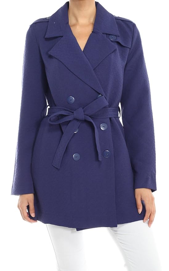 Women Textured Woven Double Breasted Trench Coat Navy Large