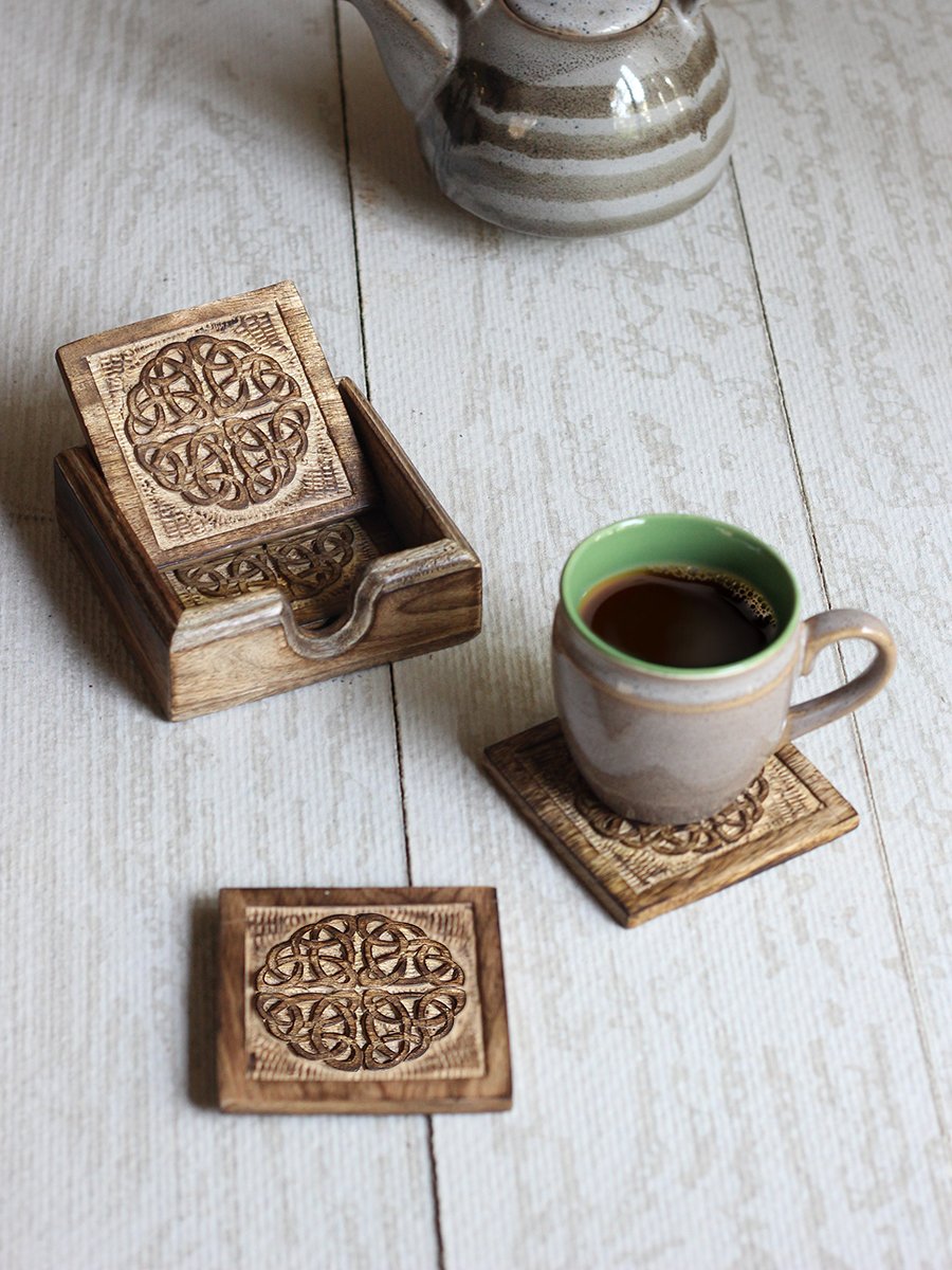 Rustic Wooden Coasters with Celtic Knot Design and Holder, Set of 4
