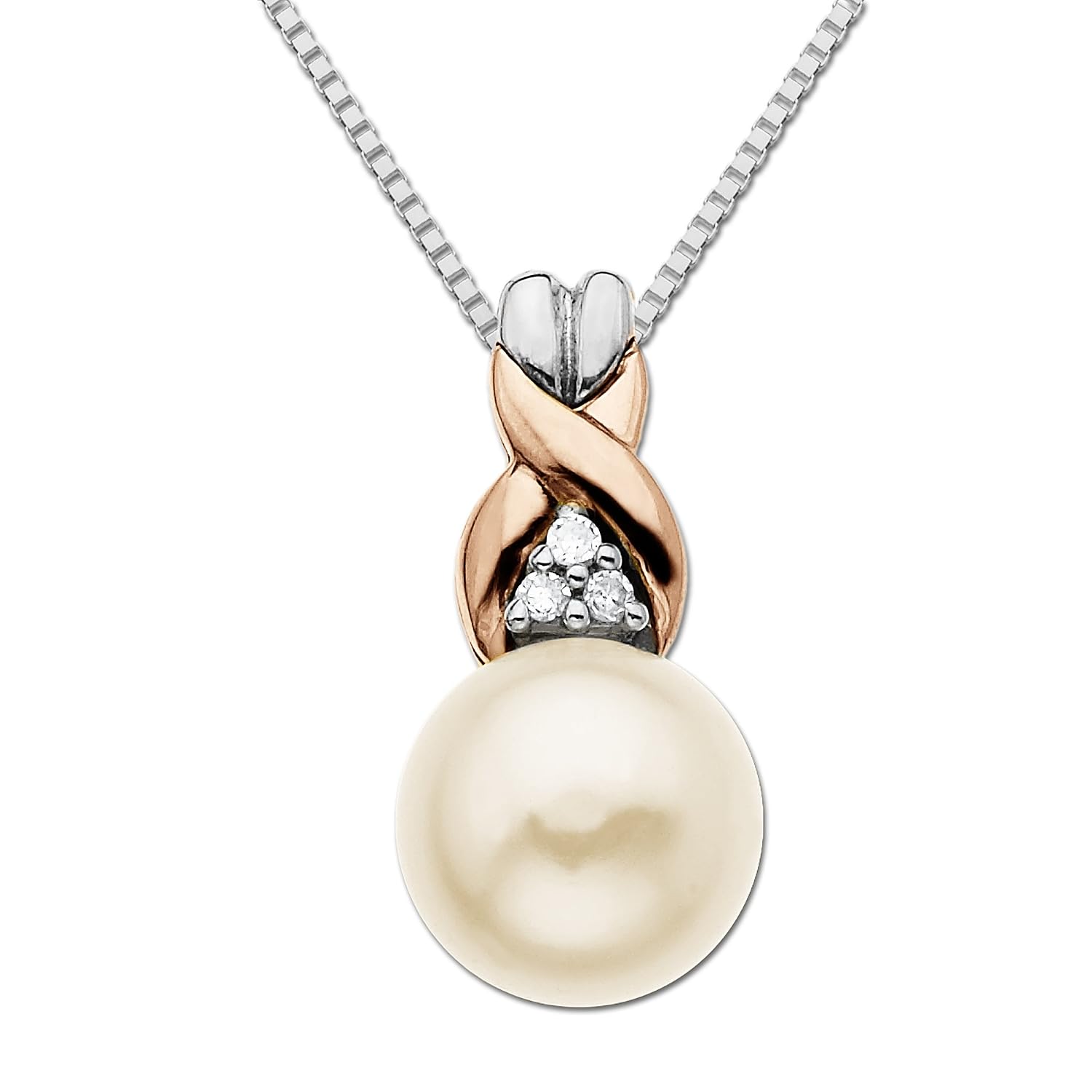 Sterling Silver and 14k Pink Gold 7mm Freshwater Cultured Pearl and Diamond Pendant