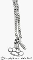 BURNISHED SILVER WEAPON CHARM NECKLACE WITH A HAND GRENADE, BRASS KNUCKLES & BULLET PENDANTS