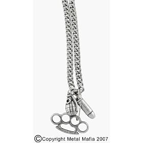 BURNISHED SILVER WEAPON CHARM NECKLACE WITH A HAND GRENADE, BRASS KNUCKLES & BULLET PENDANTS