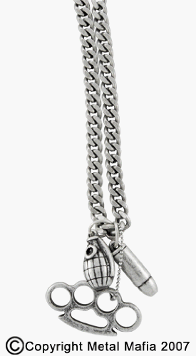 BURNISHED SILVER WEAPON CHARM NECKLACE WITH A HAND GRENADE, BRASS KNUCKLES & BULLET PENDANTS