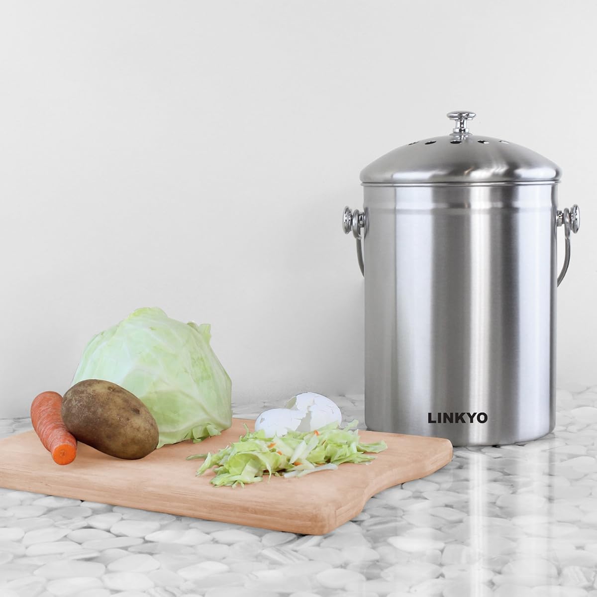 LINKYO Compost Bin 4 Filters Stainless Steel Kitchen Composter (1 Gallon)