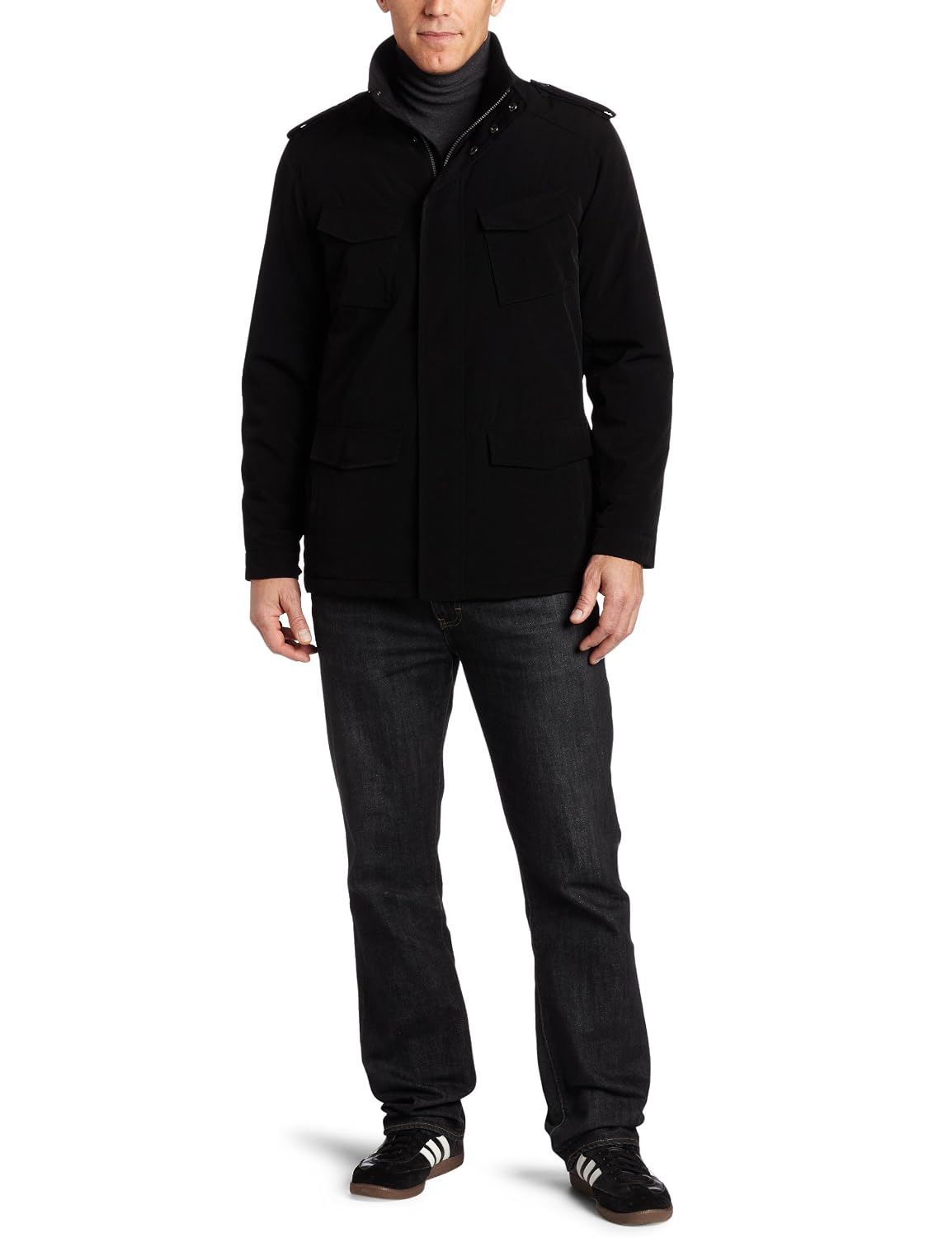 Perry Ellis Portfolio Men’s Polytech Military Jacket, Black, Large $32.96