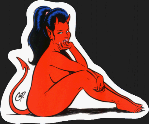 Sexy Ponytailed Devil Girl Sitting with Knees Up by Coop - Sticker / Decal