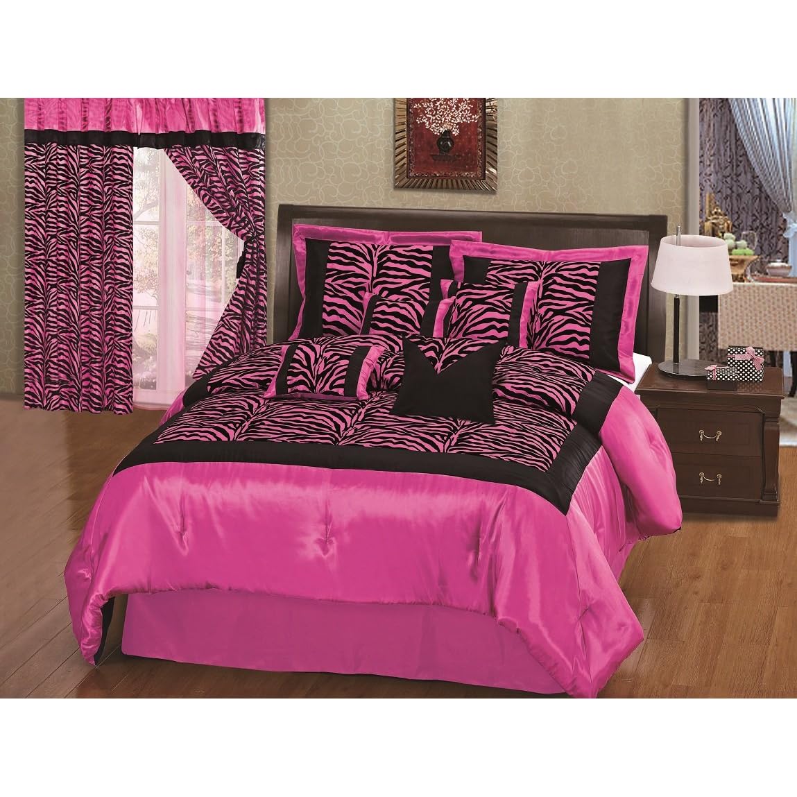 7pcs Satin Black Zebra Flocking Comforter Set Twin Size /4 Pillows , Hot Pink