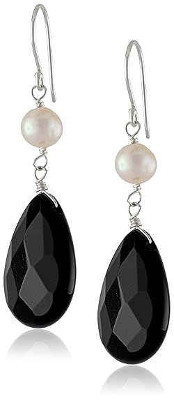 White Freshwater Pearl Accents with Sterling Silver Black Onyx Pear Drop Earrings