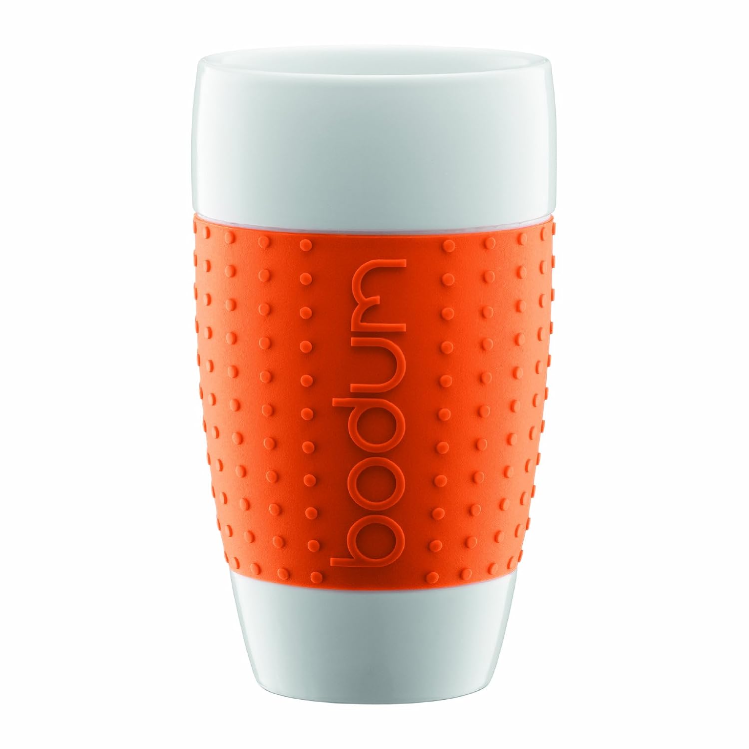 Bodum 17-Ounce Pavina Porcelain Cups with Silicone Grip, Orange, Set of 2