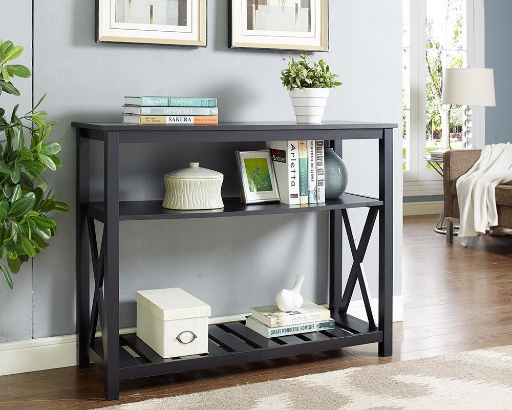 Black Finish 3Tier Occasional Console Sofa Table Bookshelf XDesign