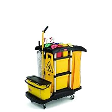 Rubbermaid Commercial Housekeeping Service Cart with Color Coded Pails, Black, 44" Height, 48-1/4" Length x 22" Width