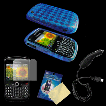 BlackBerry Curve 8520 / 8530 Blue Diamond Gel Case / Skin / Cover, LCD Screen Guard Protector & Car Charger Combo
