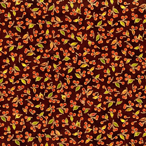 Red Rooster Joyful Harvest Metallic Cherries on Brown Cotton Fabric Half Yard