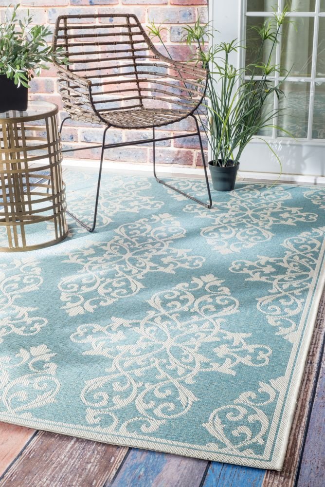 Turquoise Damask Rug INDOOR OUTDOOR Carpet Mat 5 x 8 Contemporary Porch