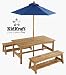 Outdoor Table and Benches with Blue Umbrella