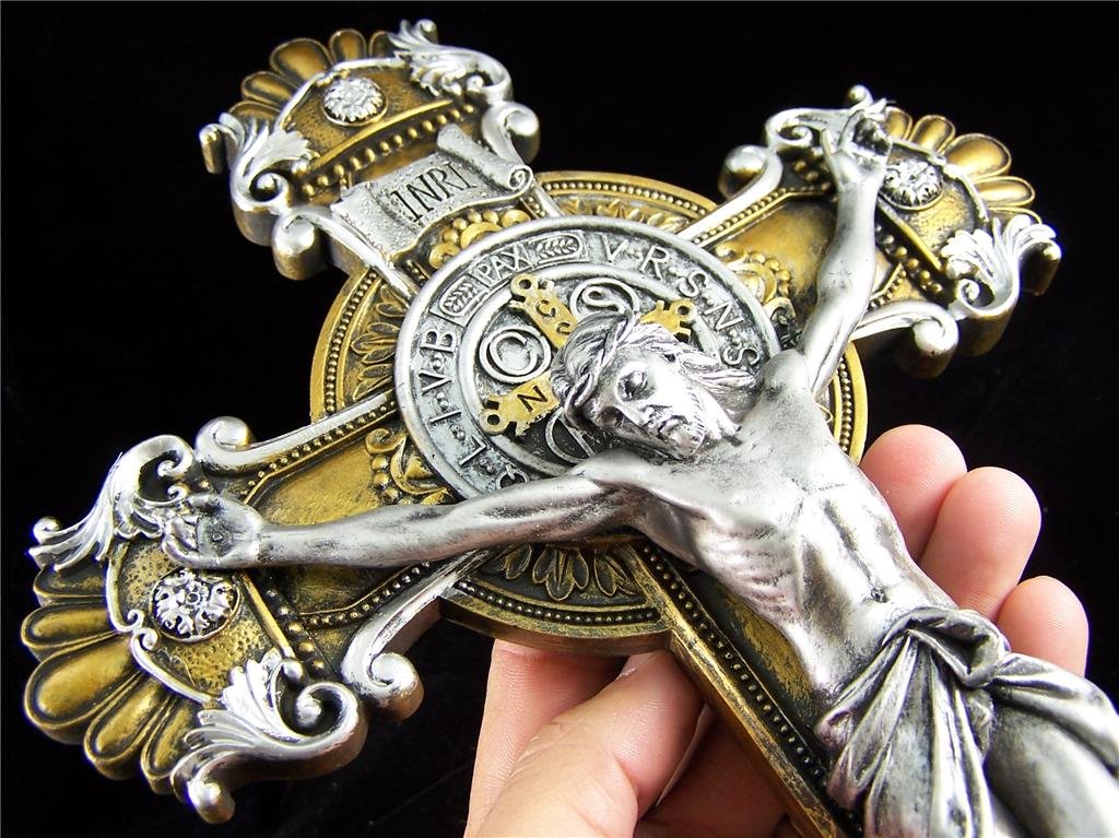 St.Saint Benedict Crucifix Antique SilverGold Wall Cross 10 1/4