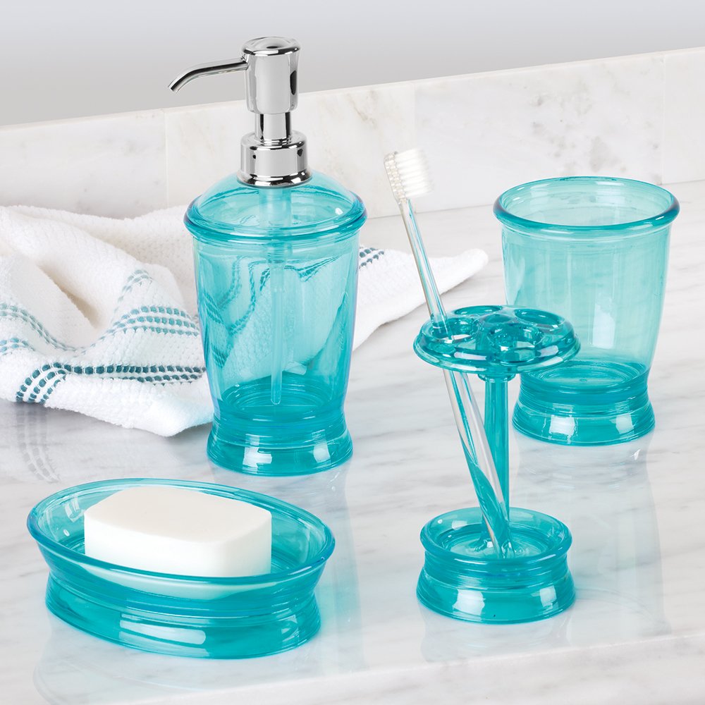 4pc Bathroom Set Dispenser Toothbrush Holder Cup Soap Dish Aqua Durable
