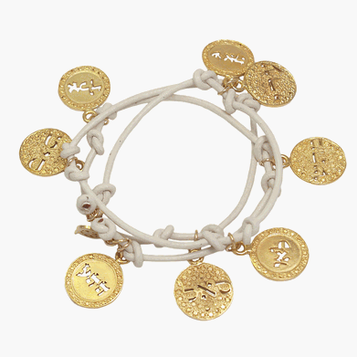 8 Names of God on Coins Dipped In Gold on a White Leather Bracelet