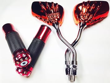 【クリックでお店のこの商品のページへ】輝きが違う 汎用 スカル バイク バック ミラー ＆ ハンドル グリップ セット メッキ ドクロ (レッド)： スポーツ＆アウトドア