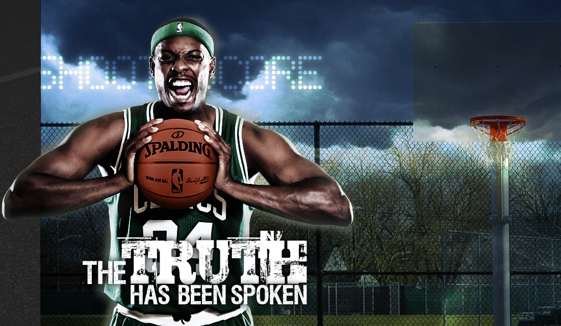 Professional Basketball Player "the Truth" Paul Pierce, forward for the Boston Celtics of the National Basketball Association (NBA) standing on Basketball Court holding his Spalding NBA NeverFlat Composite Basketball