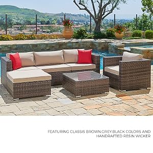 Suncrown Outdoor Furniture Sectional Sofa Chair 6 Piece Set All Weather Checkered Wicker With Brown